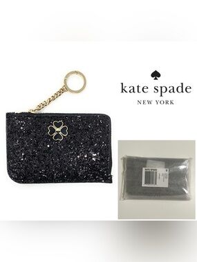 🆕KATE SPADE - NWT - BLACK SPARKLE GLITTER CARD HOLDER WALLET KEYCHAIN / FOB